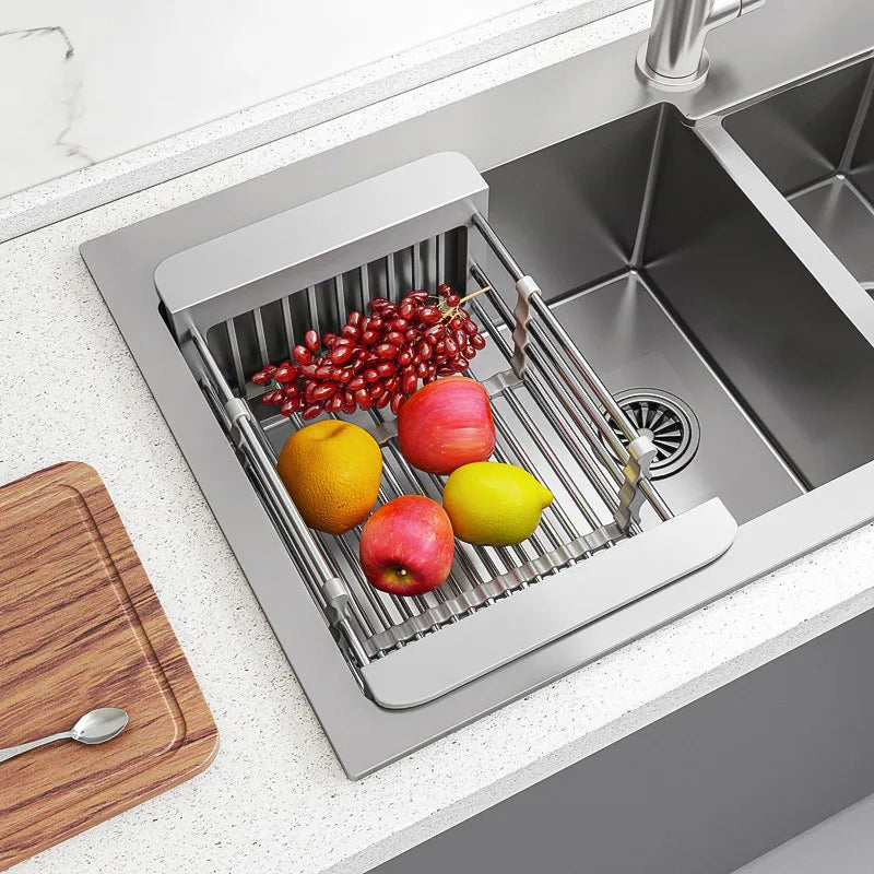 Égouttoir à vaisselle extensible en acier inoxydable pour évier de cuisine, égouttoir à fruits et légumes, support de rangement pour la vaisselle de cuisine